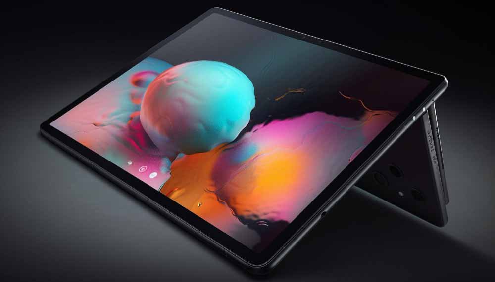 Futuristic design tablet monitor display galaxy glowing data generated by AI