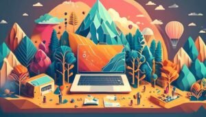Creative laptop in colorful landscape